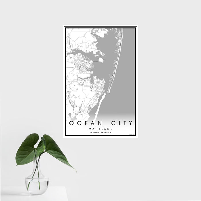 16x24 Ocean City Maryland Map Print Portrait Orientation in Classic Style With Tropical Plant Leaves in Water