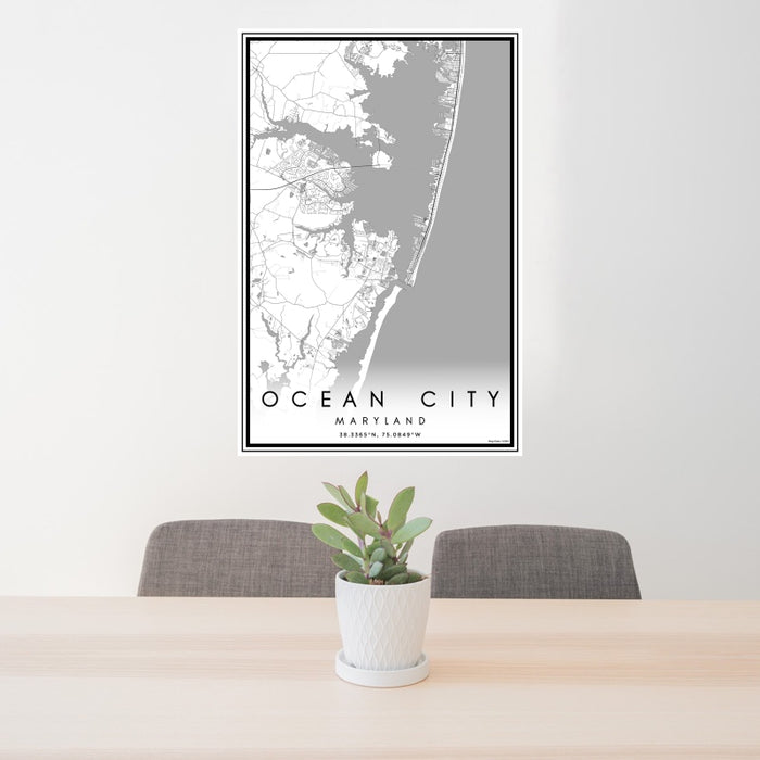 24x36 Ocean City Maryland Map Print Portrait Orientation in Classic Style Behind 2 Chairs Table and Potted Plant