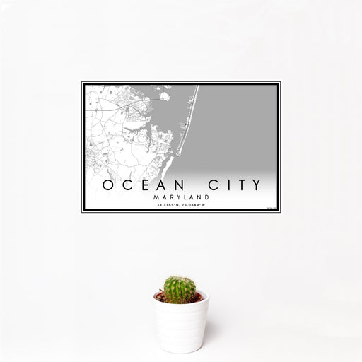 12x18 Ocean City Maryland Map Print Landscape Orientation in Classic Style With Small Cactus Plant in White Planter
