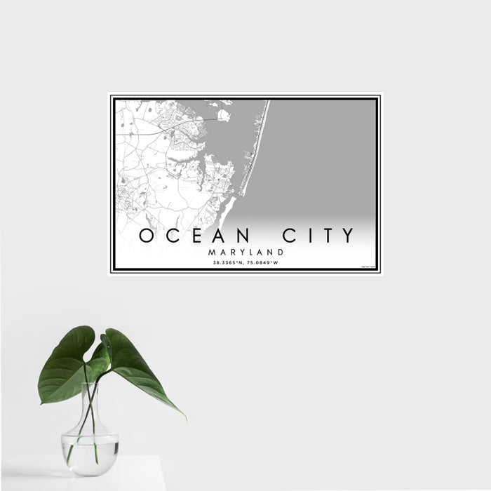 16x24 Ocean City Maryland Map Print Landscape Orientation in Classic Style With Tropical Plant Leaves in Water