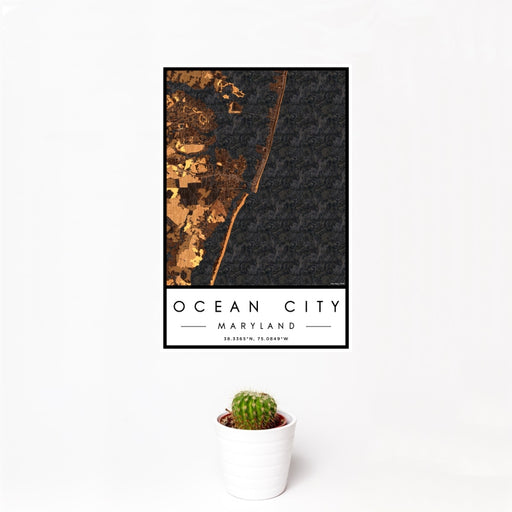 12x18 Ocean City Maryland Map Print Portrait Orientation in Ember Style With Small Cactus Plant in White Planter