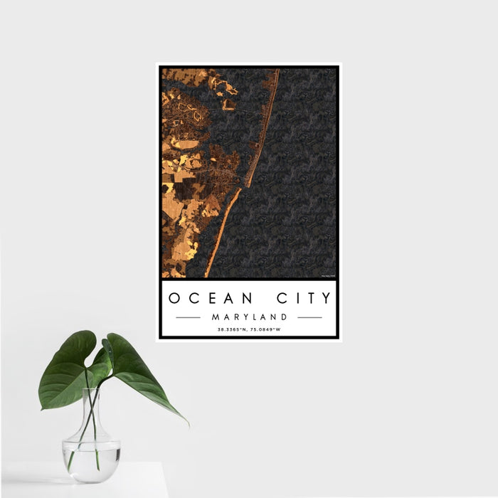 16x24 Ocean City Maryland Map Print Portrait Orientation in Ember Style With Tropical Plant Leaves in Water