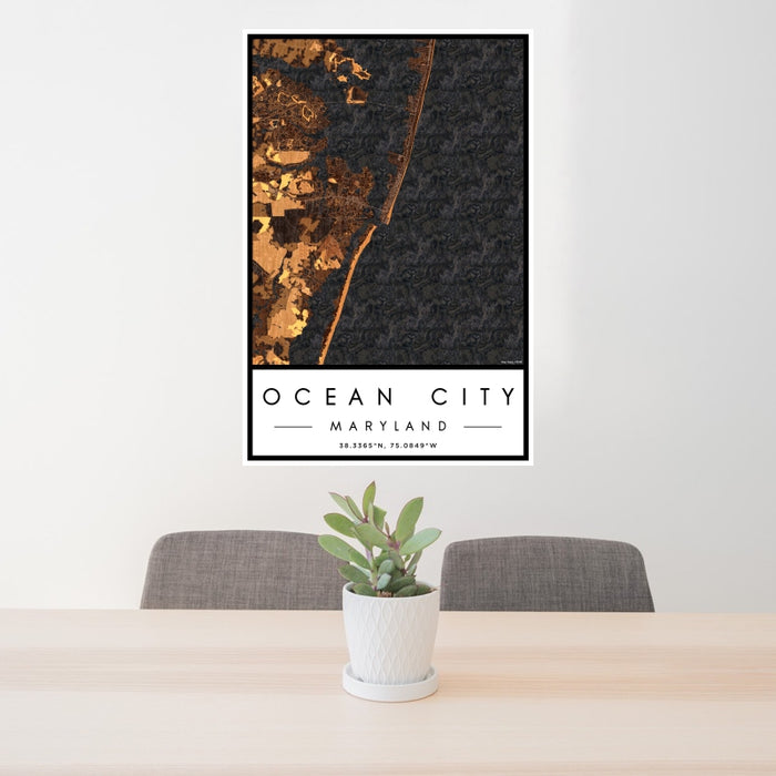 24x36 Ocean City Maryland Map Print Portrait Orientation in Ember Style Behind 2 Chairs Table and Potted Plant