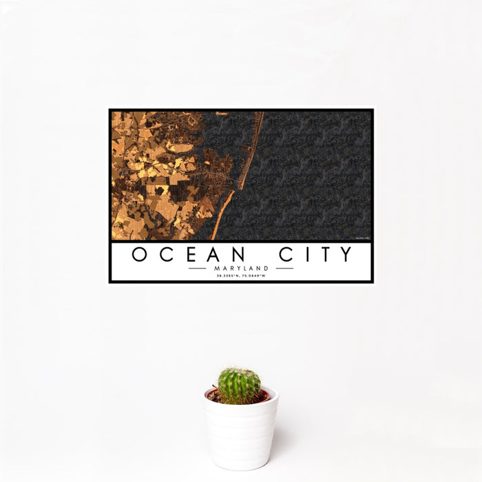 12x18 Ocean City Maryland Map Print Landscape Orientation in Ember Style With Small Cactus Plant in White Planter