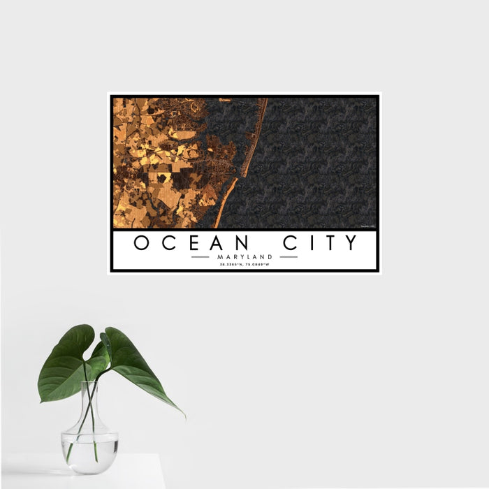 16x24 Ocean City Maryland Map Print Landscape Orientation in Ember Style With Tropical Plant Leaves in Water