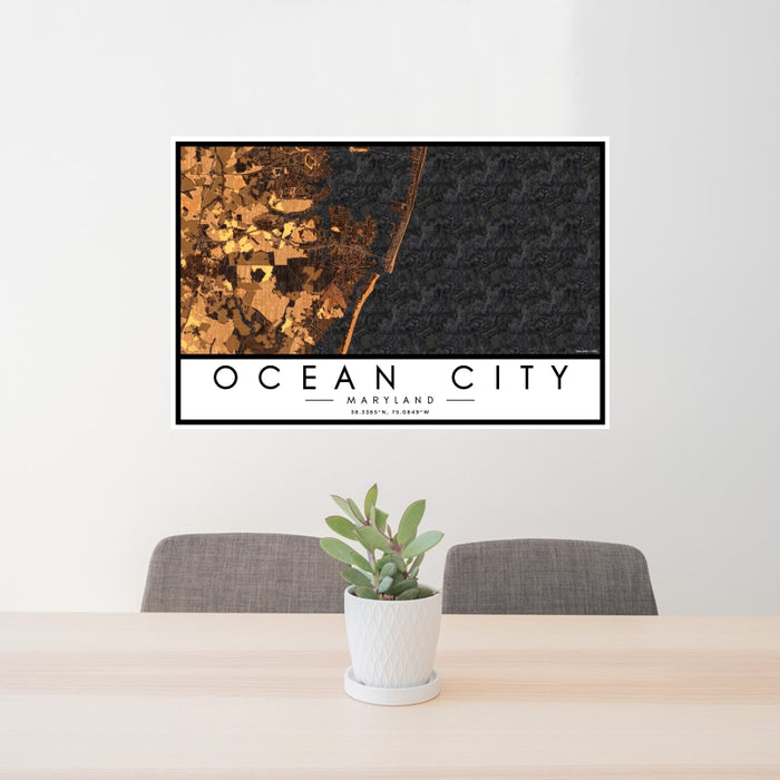 24x36 Ocean City Maryland Map Print Landscape Orientation in Ember Style Behind 2 Chairs Table and Potted Plant