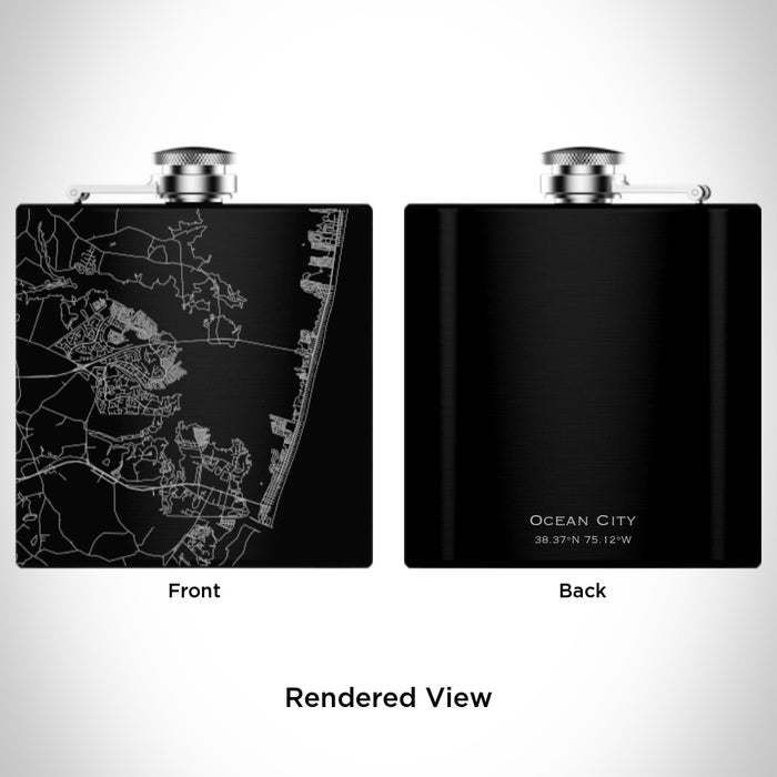 Rendered View of Ocean City Maryland Map Engraving on 6oz Stainless Steel Flask in Black