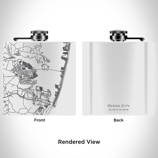 Rendered View of Ocean City Maryland Map Engraving on 6oz Stainless Steel Flask in White