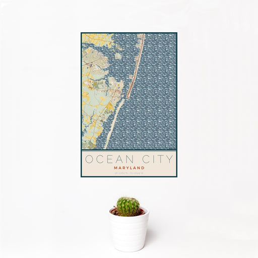 12x18 Ocean City Maryland Map Print Portrait Orientation in Woodblock Style With Small Cactus Plant in White Planter