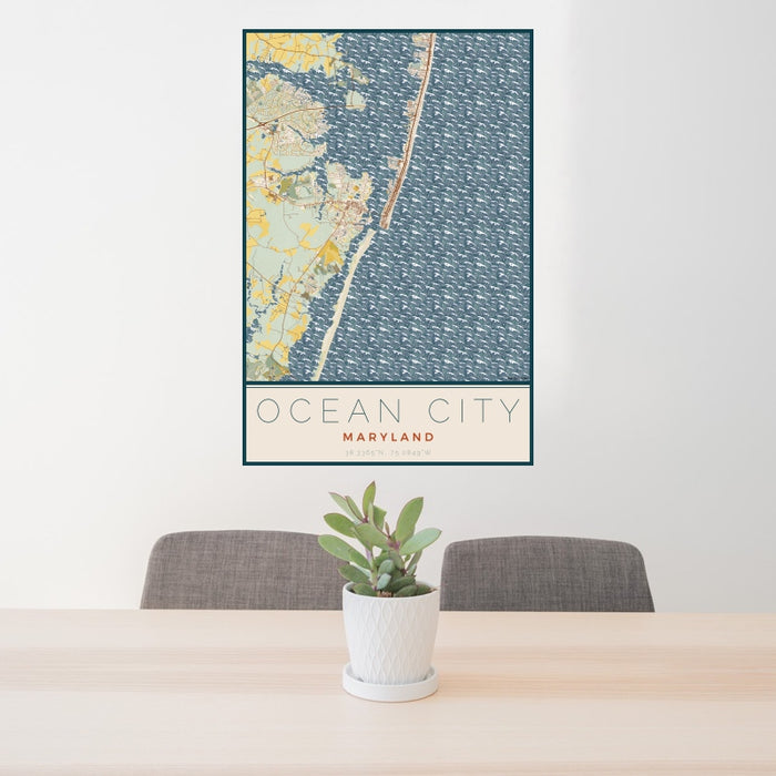 24x36 Ocean City Maryland Map Print Portrait Orientation in Woodblock Style Behind 2 Chairs Table and Potted Plant