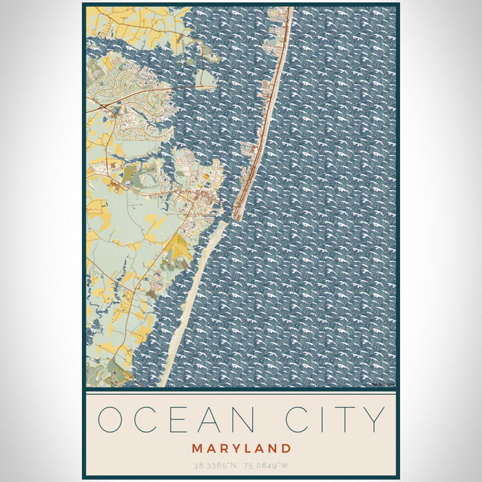 Ocean City Maryland Map Print Portrait Orientation in Woodblock Style With Shaded Background