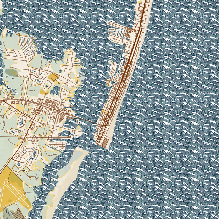 Ocean City Maryland Map Print in Woodblock Style Zoomed In Close Up Showing Details