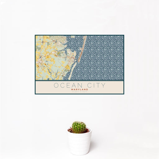 12x18 Ocean City Maryland Map Print Landscape Orientation in Woodblock Style With Small Cactus Plant in White Planter