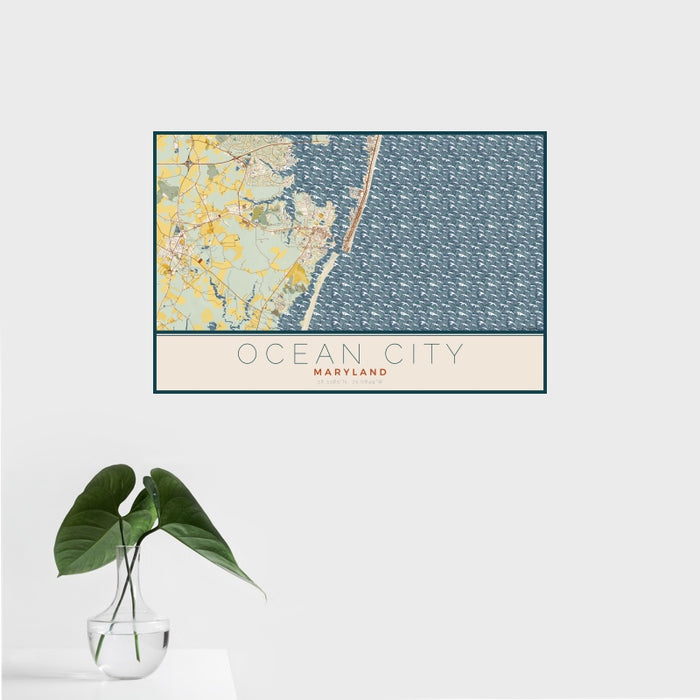 16x24 Ocean City Maryland Map Print Landscape Orientation in Woodblock Style With Tropical Plant Leaves in Water
