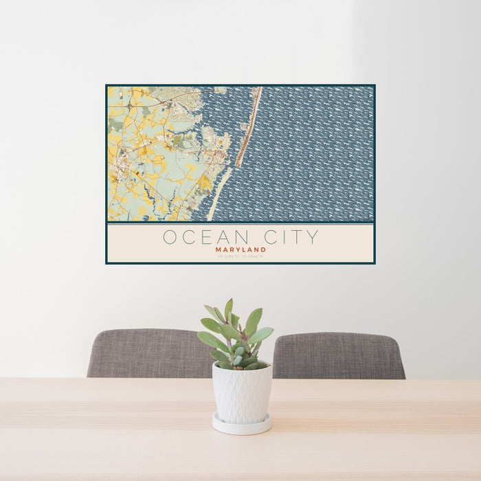 24x36 Ocean City Maryland Map Print Landscape Orientation in Woodblock Style Behind 2 Chairs Table and Potted Plant