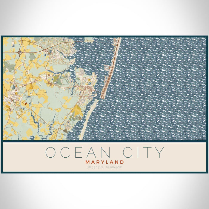 Ocean City Maryland Map Print Landscape Orientation in Woodblock Style With Shaded Background