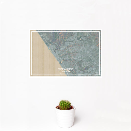 12x18 Oceanside California Map Print Landscape Orientation in Afternoon Style With Small Cactus Plant in White Planter
