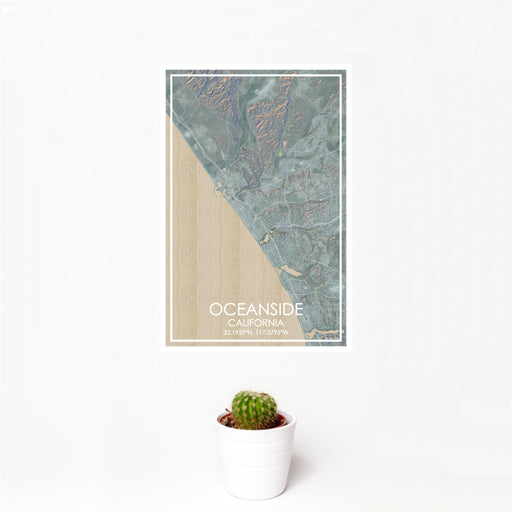12x18 Oceanside California Map Print Portrait Orientation in Afternoon Style With Small Cactus Plant in White Planter