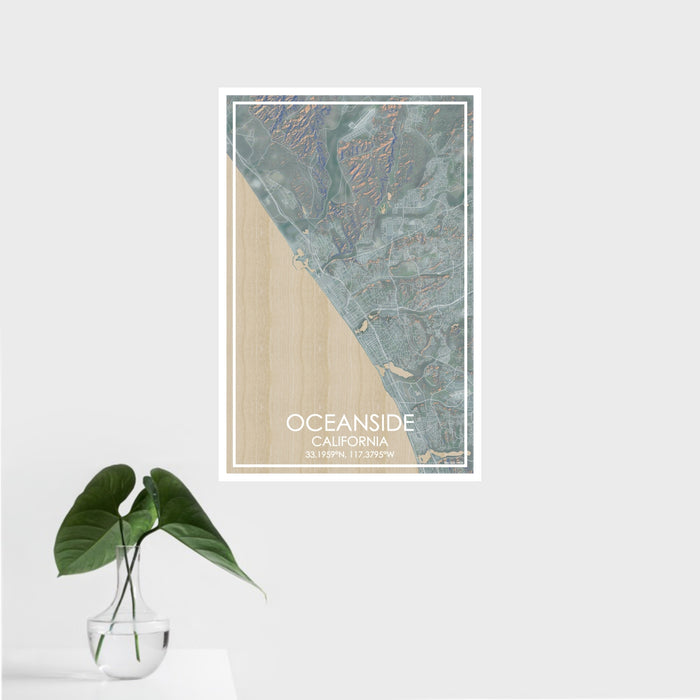 16x24 Oceanside California Map Print Portrait Orientation in Afternoon Style With Tropical Plant Leaves in Water