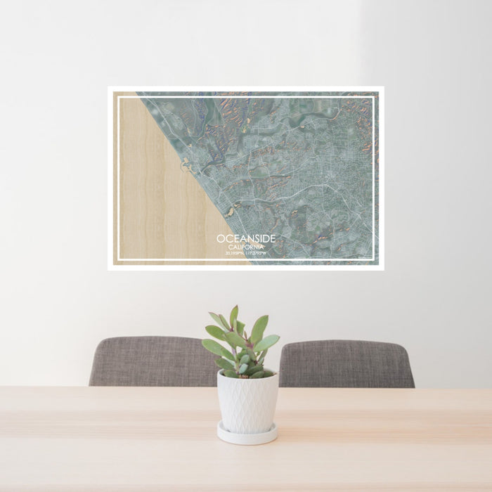 24x36 Oceanside California Map Print Lanscape Orientation in Afternoon Style Behind 2 Chairs Table and Potted Plant