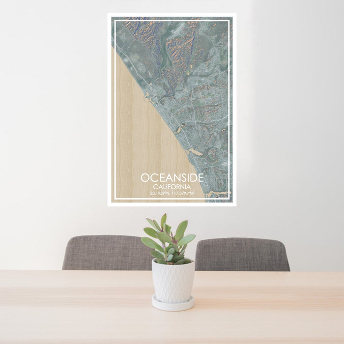 24x36 Oceanside California Map Print Portrait Orientation in Afternoon Style Behind 2 Chairs Table and Potted Plant
