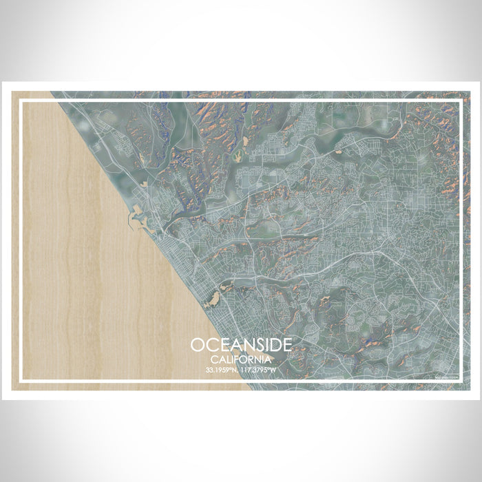 Oceanside California Map Print Landscape Orientation in Afternoon Style With Shaded Background