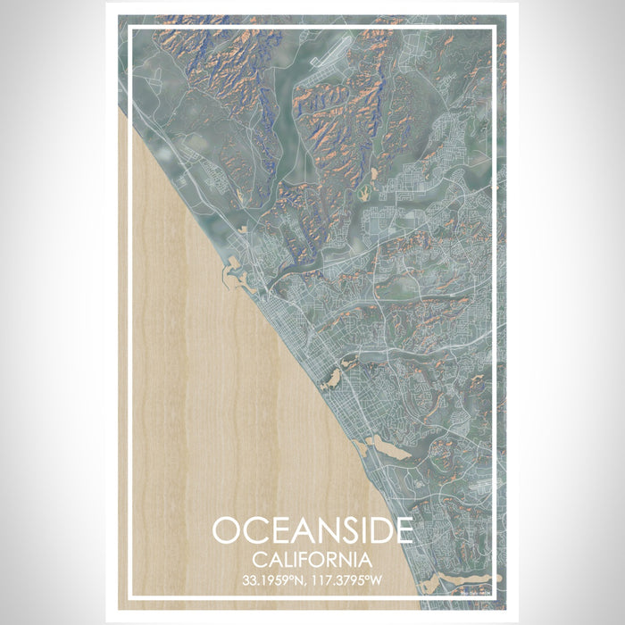 Oceanside California Map Print Portrait Orientation in Afternoon Style With Shaded Background