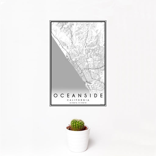 12x18 Oceanside California Map Print Portrait Orientation in Classic Style With Small Cactus Plant in White Planter