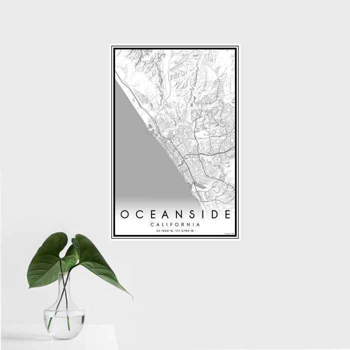16x24 Oceanside California Map Print Portrait Orientation in Classic Style With Tropical Plant Leaves in Water
