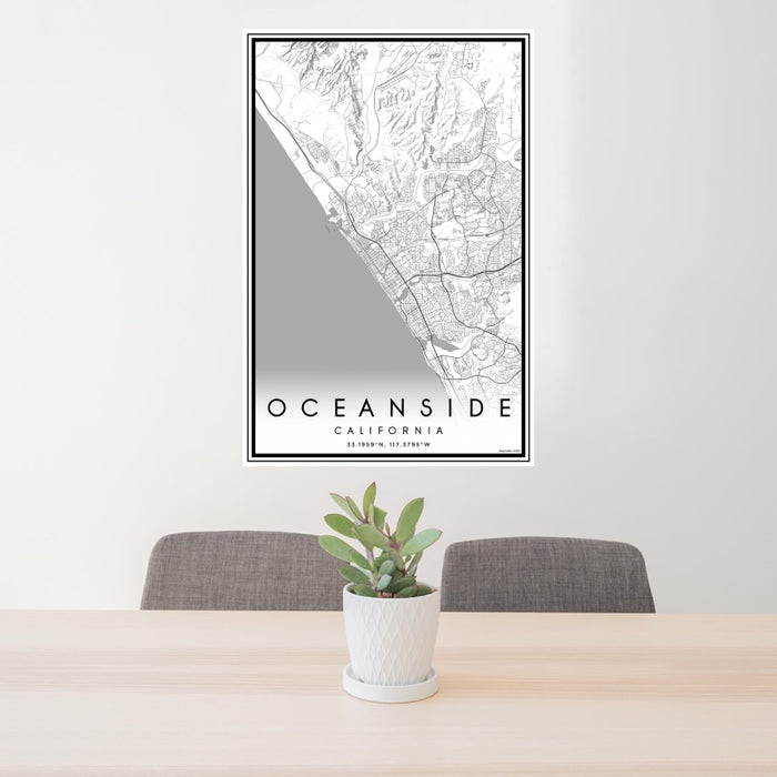 24x36 Oceanside California Map Print Portrait Orientation in Classic Style Behind 2 Chairs Table and Potted Plant
