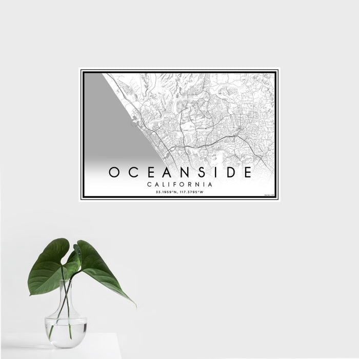 16x24 Oceanside California Map Print Landscape Orientation in Classic Style With Tropical Plant Leaves in Water