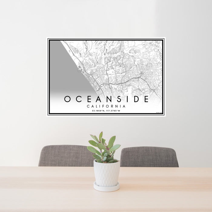 24x36 Oceanside California Map Print Landscape Orientation in Classic Style Behind 2 Chairs Table and Potted Plant