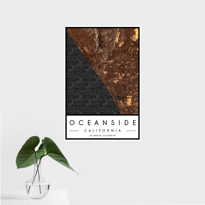 16x24 Oceanside California Map Print Portrait Orientation in Ember Style With Tropical Plant Leaves in Water