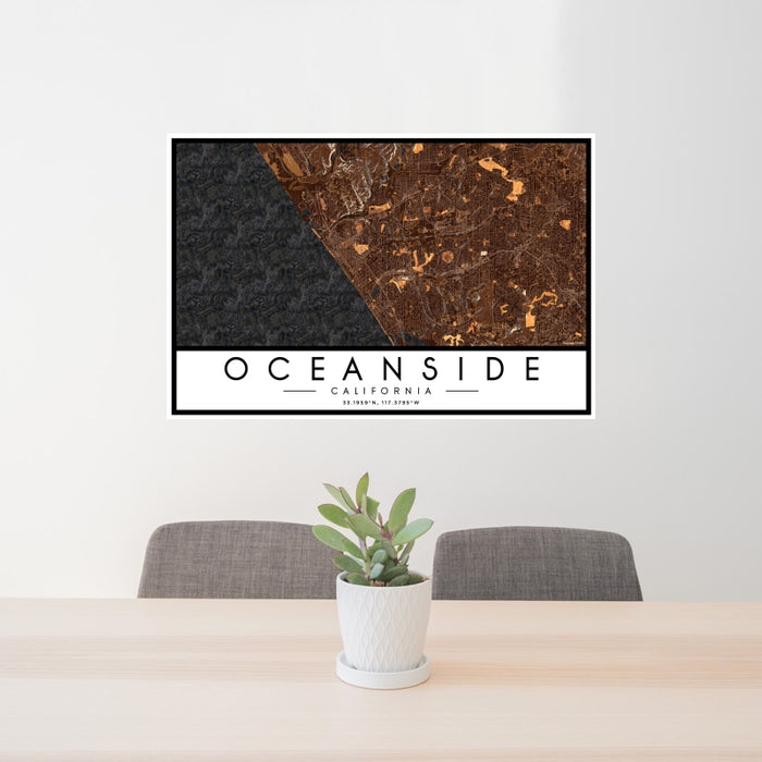 24x36 Oceanside California Map Print Landscape Orientation in Ember Style Behind 2 Chairs Table and Potted Plant