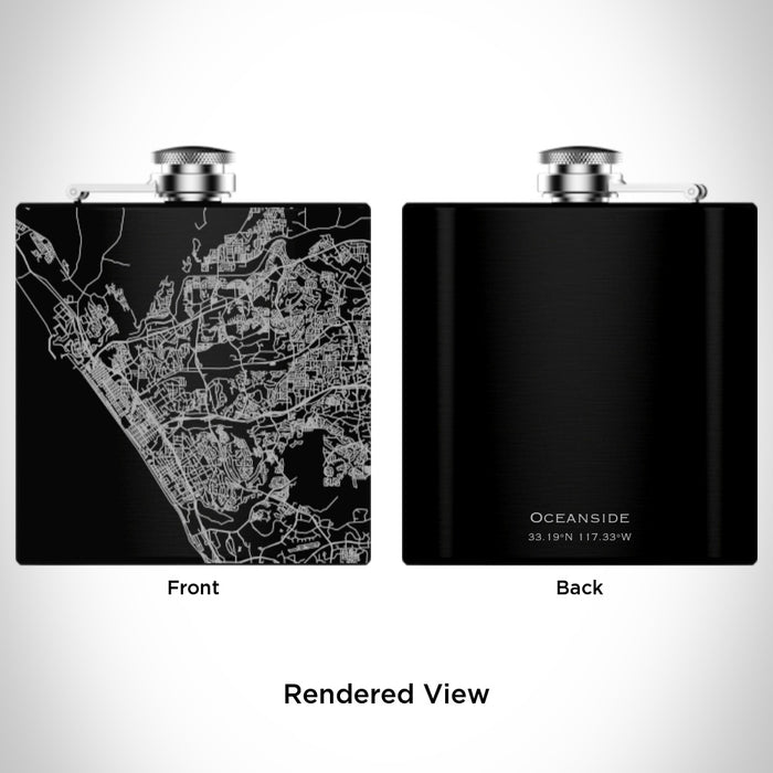 Rendered View of Oceanside California Map Engraving on 6oz Stainless Steel Flask in Black