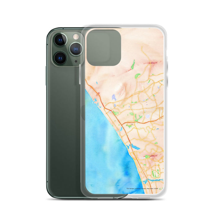 Custom Oceanside California Map Phone Case in Watercolor on Table with Laptop and Plant