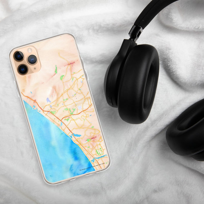 Custom Oceanside California Map Phone Case in Watercolor on Table with Black Headphones
