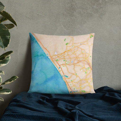 Custom Oceanside California Map Throw Pillow in Watercolor on Bedding Against Wall