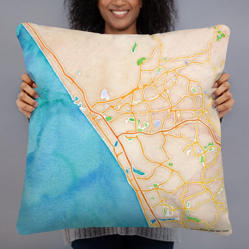 Person holding 22x22 Custom Oceanside California Map Throw Pillow in Watercolor