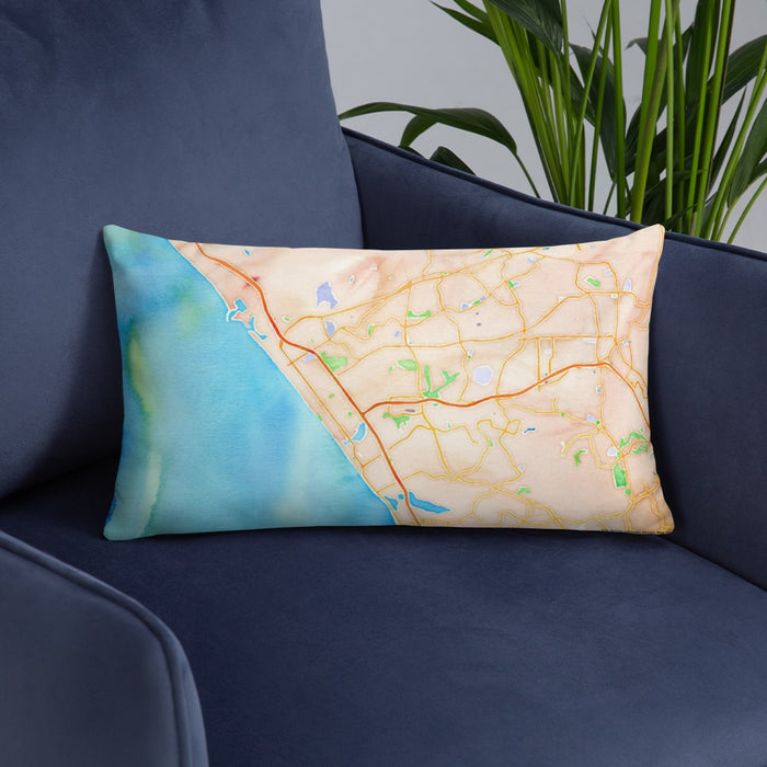 Custom Oceanside California Map Throw Pillow in Watercolor on Blue Colored Chair