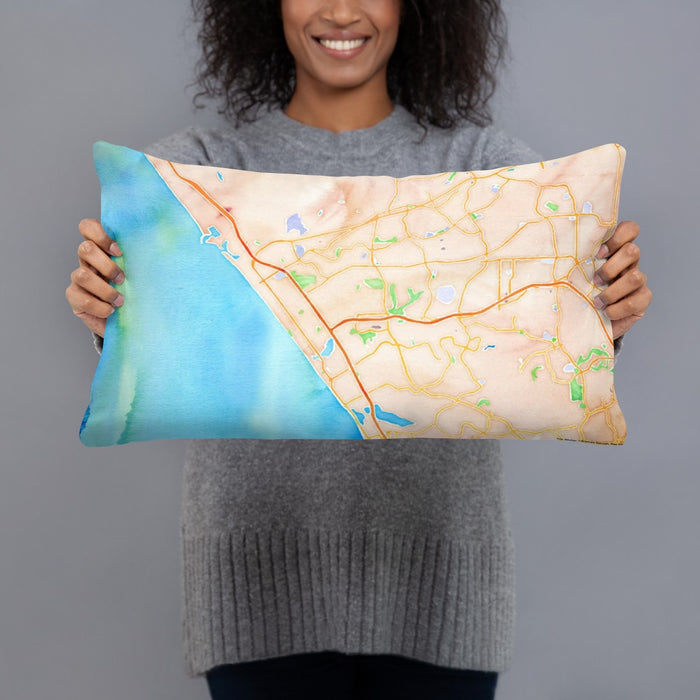 Person holding 20x12 Custom Oceanside California Map Throw Pillow in Watercolor