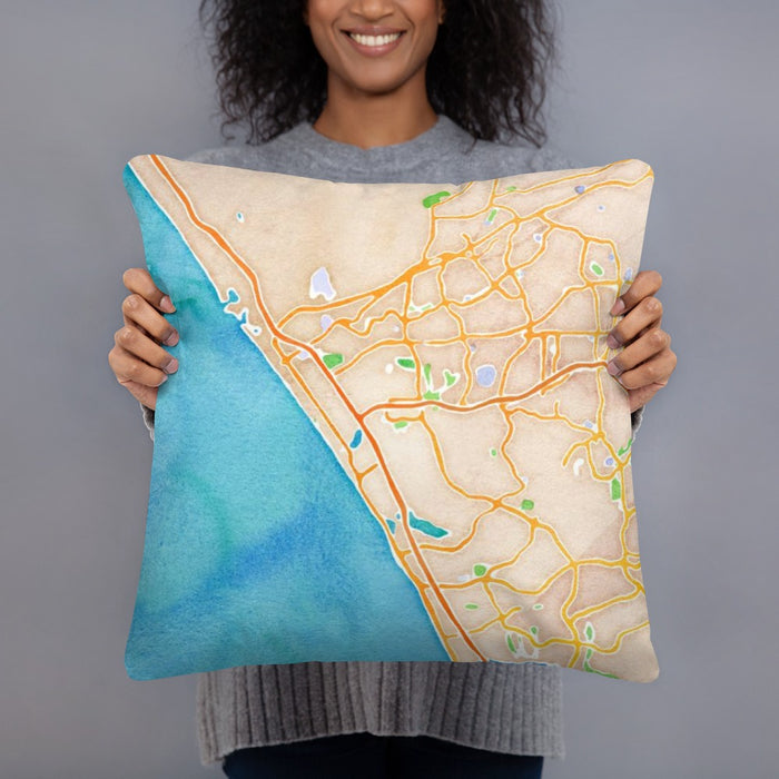 Person holding 18x18 Custom Oceanside California Map Throw Pillow in Watercolor