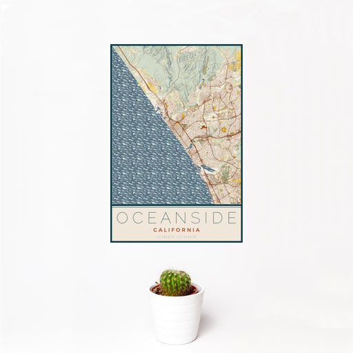 12x18 Oceanside California Map Print Portrait Orientation in Woodblock Style With Small Cactus Plant in White Planter