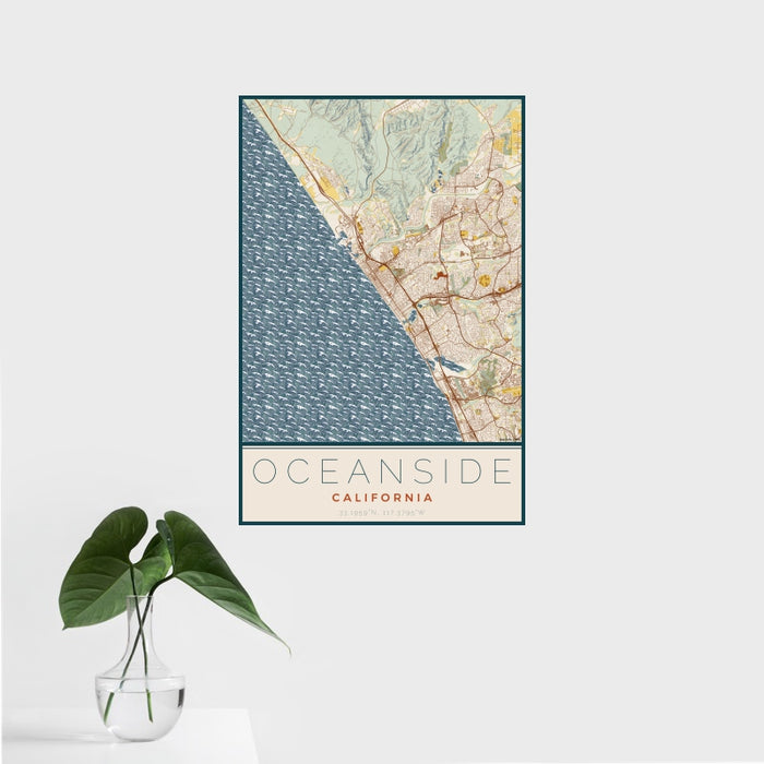 16x24 Oceanside California Map Print Portrait Orientation in Woodblock Style With Tropical Plant Leaves in Water