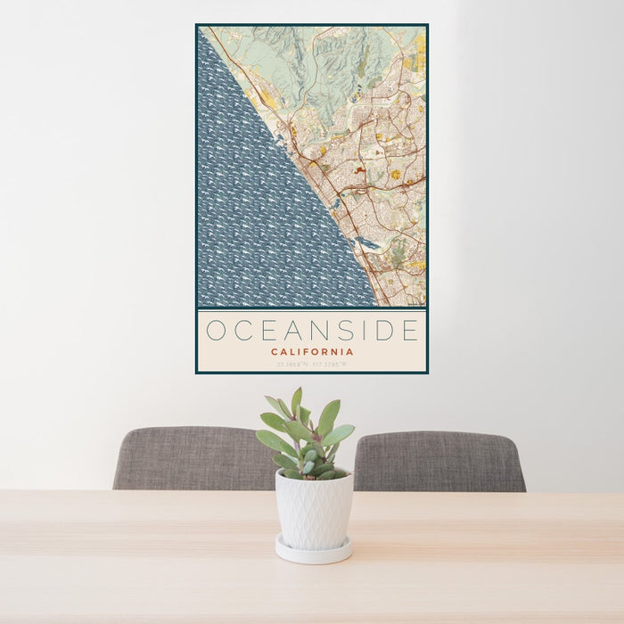 24x36 Oceanside California Map Print Portrait Orientation in Woodblock Style Behind 2 Chairs Table and Potted Plant