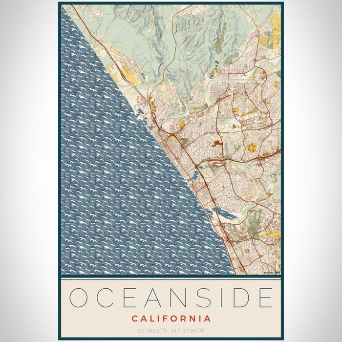 Oceanside California Map Print Portrait Orientation in Woodblock Style With Shaded Background