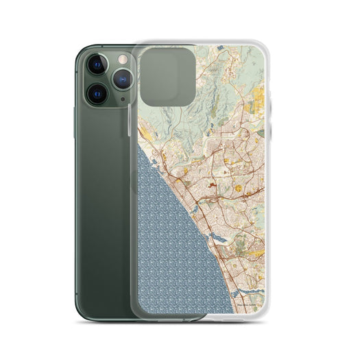 Custom Oceanside California Map Phone Case in Woodblock on Table with Laptop and Plant