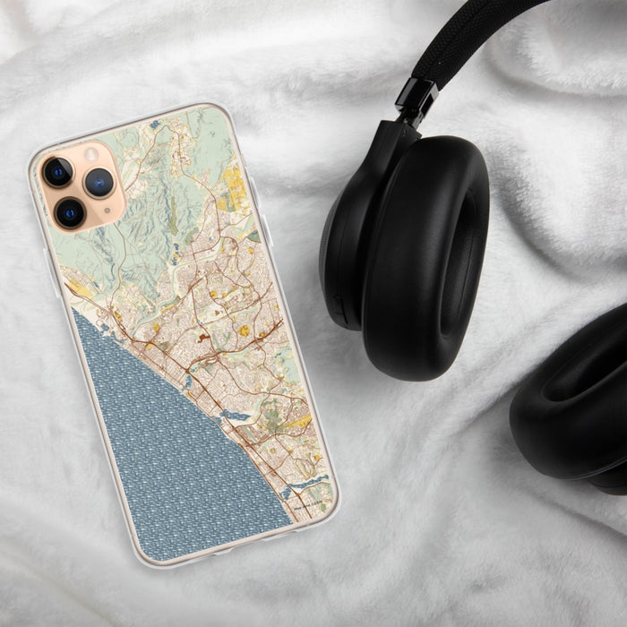 Custom Oceanside California Map Phone Case in Woodblock on Table with Black Headphones