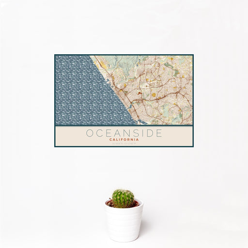 12x18 Oceanside California Map Print Landscape Orientation in Woodblock Style With Small Cactus Plant in White Planter