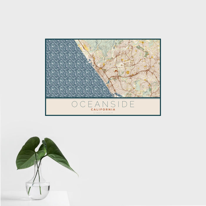 16x24 Oceanside California Map Print Landscape Orientation in Woodblock Style With Tropical Plant Leaves in Water
